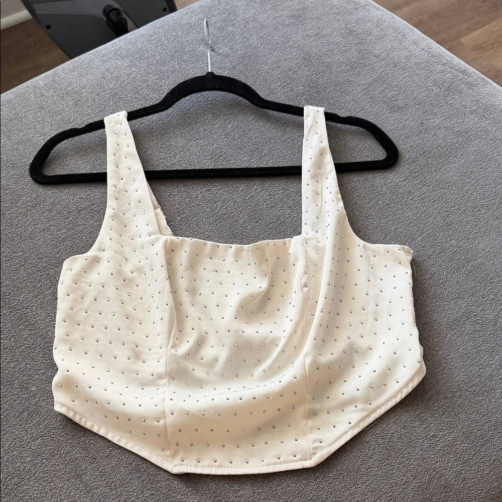 Wild Fable Rhinestone Corset Satin Tank Top in off-white